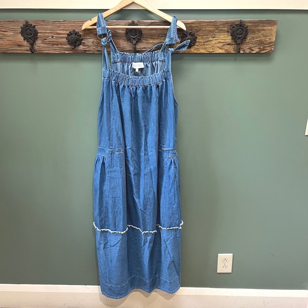 Everet Blue Denim Smocked Midi Dress Large Tie Strap Pockets VD72215
